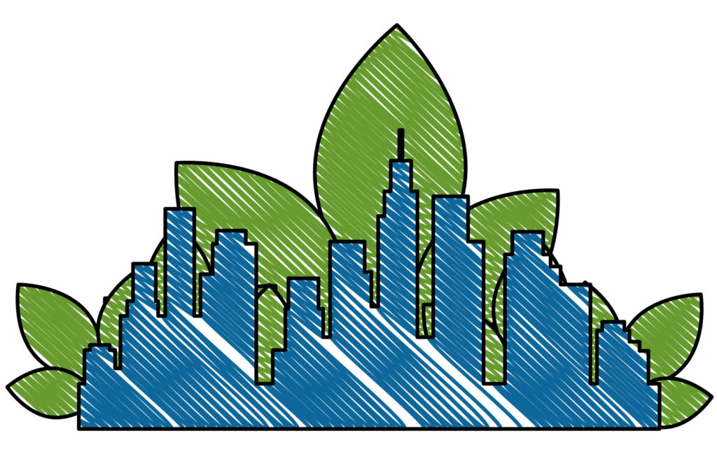 city skyline against a green leaf background, representing sustainable development for the construction industry
